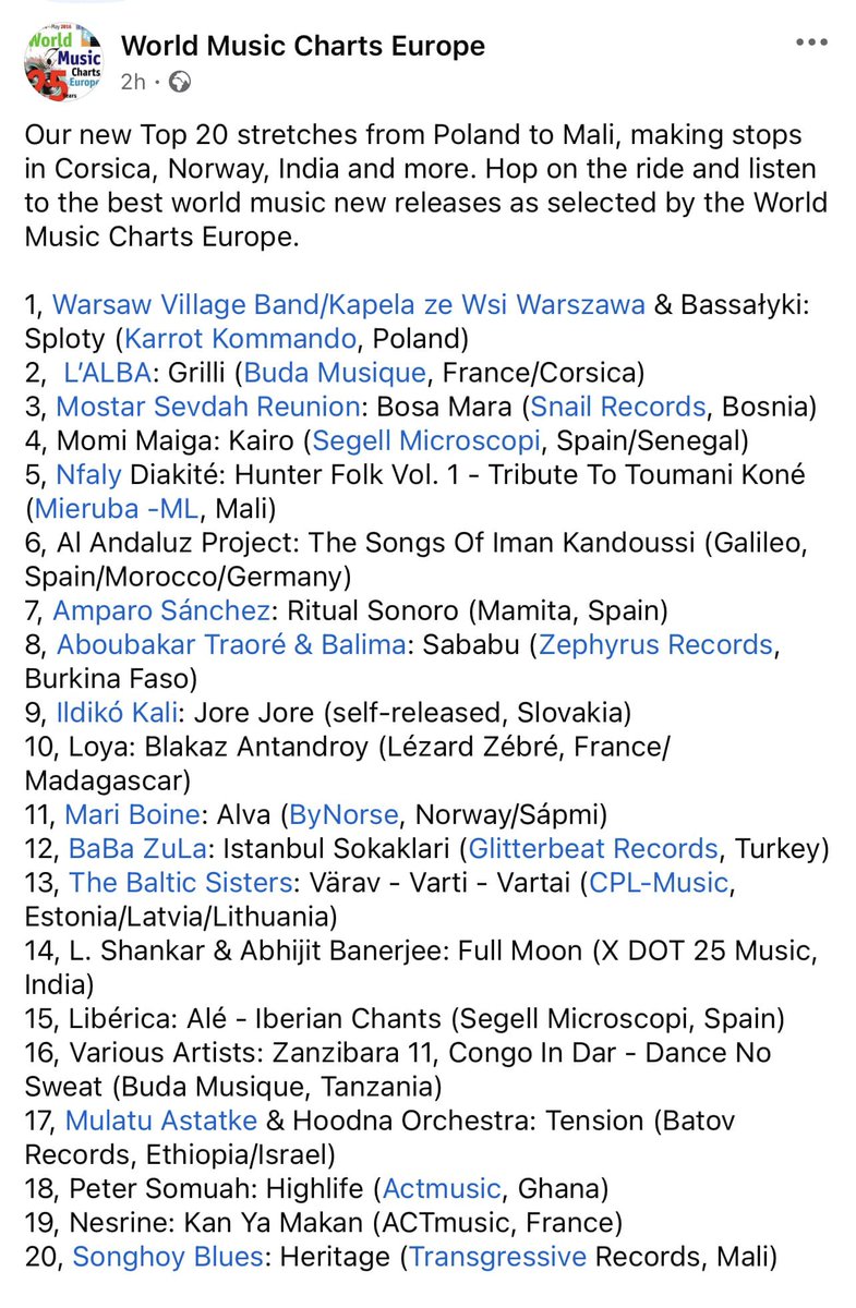 The most prestigious association, World Music Charts Europe—a forum of 44 music journalists from 25 countries within the European Broadcasting Union (EBU)—has just published the February ranking of the best World Music albums.

Thank you WMCE!