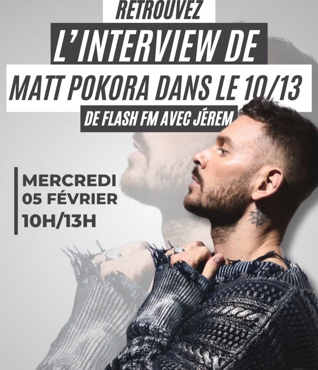 AGENDA • <a href="/MPokora/">Matt Pokora</a> sera en interview le 05.02.25 sur <a href="/FlashFM_Limoges/">FlashFM Limoges 89.9</a> dans le 10/13 pour présenter « REFLET », nouveau single issue d’ADRENALINE. 

#mattpokora #mpokora #adrenalinetour #adrenaline #reflet