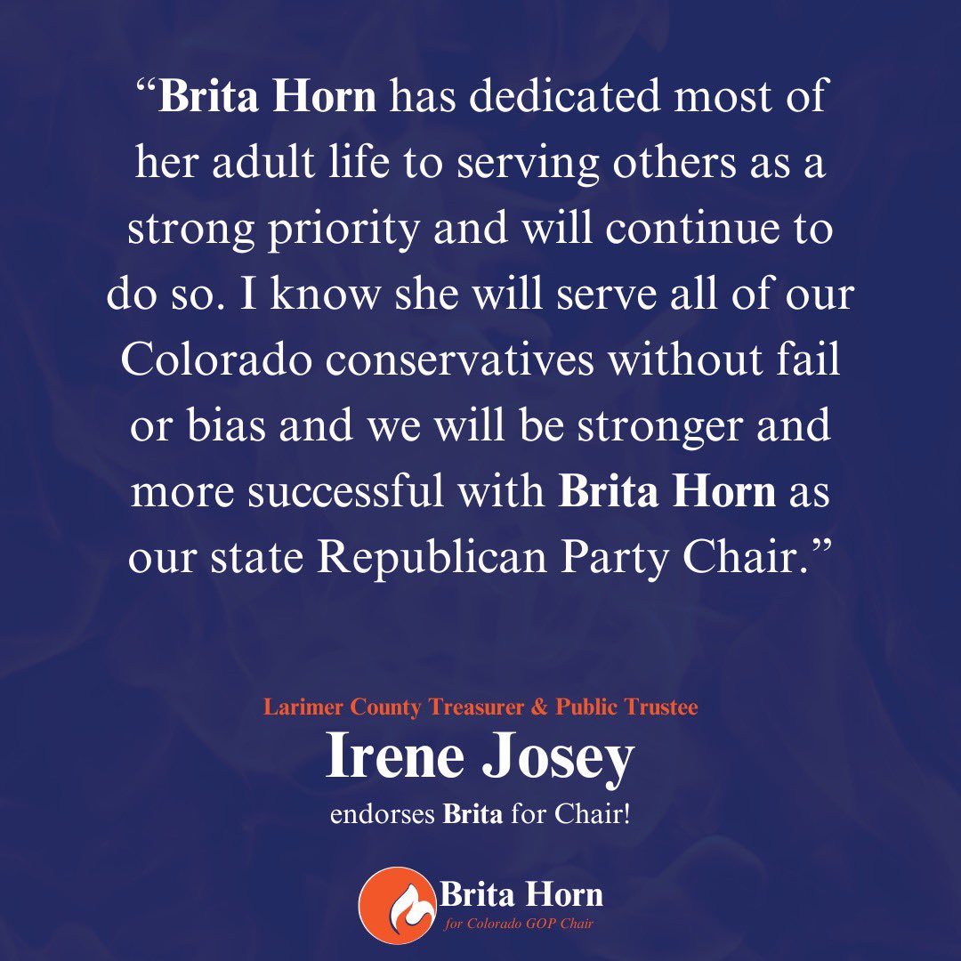 RealBritaHorn's tweet photo. I’m incredibly grateful for Irene Josey’s endorsement and support! 

Your friendship and confidence in me mean the world, and I truly appreciate you standing with me. 

Thank you for believing in this mission—for #Colorado!

#ColoradoFirst 
The Fire to Lead: 🔥🔥🔥
Uniting the #Colorado #GOP 🇺🇸