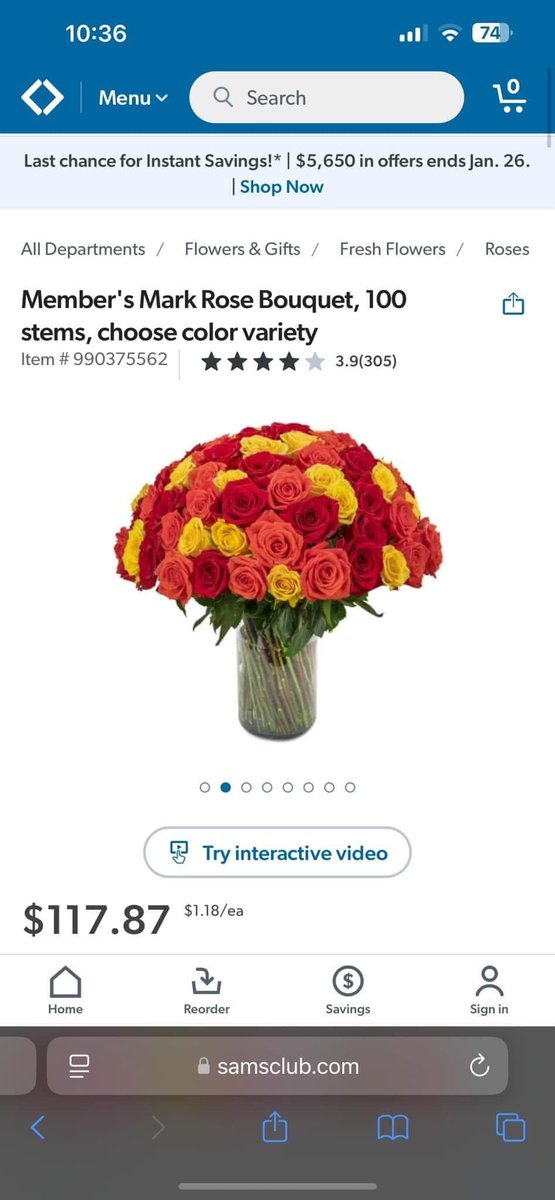 Sam's Club has 100 rose bouquets for $100 ..You love her; buy her flowers for Valentine's Day. 💐🙂‍↔️