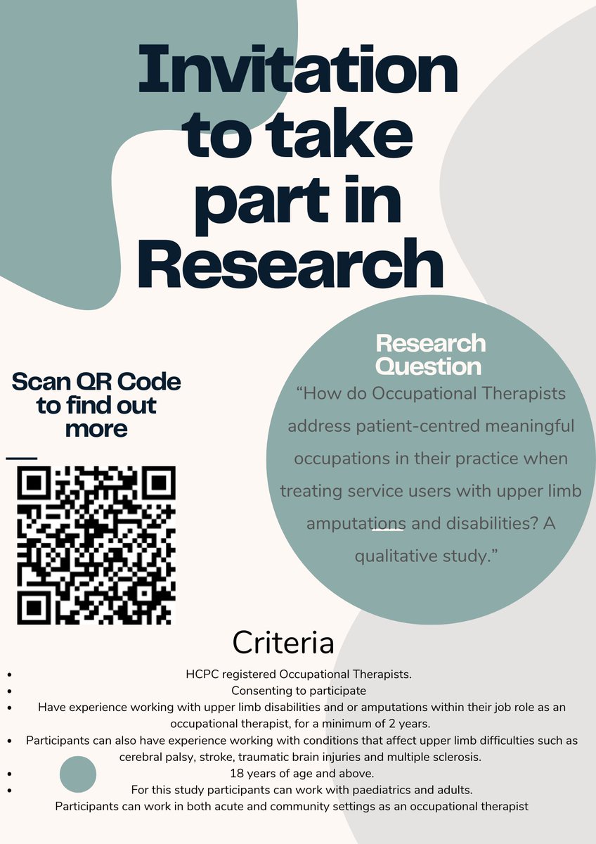 Helen McNally (@helenmcnally123) on Twitter photo Dissertation
I would like to hear from Occupational Therapists working with upper limb amputees, disabilities and conditions affecting upper limbs.
<a href="/RCOTStudents/">RCOTStudents</a> <a href="/OTCumbria/">Occupational Therapy at University of Cumbria</a> <a href="/KellyFielden/">Dr Kelly Fielden</a> <a href="/hooper_ek/">Dr Emma Hooper</a> <a href="/SusieWilsonOT/">Susie Wilson</a> <a href="/emmaspellmanOT/">OTEmmaS💚</a>
To participate visit: app.onlinesurveys.jisc.ac.uk/s/cumbria/part… Dissertation
I would like to hear from Occupational Therapists working with upper limb amputees, disabilities and conditions affecting upper limbs.
<a href="/RCOTStudents/">RCOTStudents</a> <a href="/OTCumbria/">Occupational Therapy at University of Cumbria</a> <a href="/KellyFielden/">Dr Kelly Fielden</a> <a href="/hooper_ek/">Dr Emma Hooper</a> <a href="/SusieWilsonOT/">Susie Wilson</a> <a href="/emmaspellmanOT/">OTEmmaS💚</a>
To participate visit: app.onlinesurveys.jisc.ac.uk/s/cumbria/part…