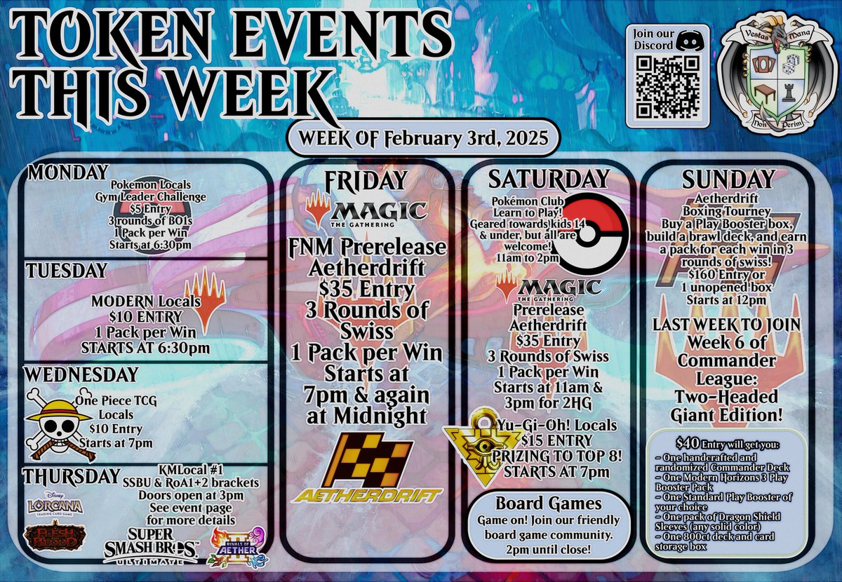 Highlights for February 3-9:
- Starting this Thursday, <a href="/KMLTournaments/">KML Tournaments</a> will host weekly locals. Featured games include RoA1+2 &amp; SSBU.
- It's Aetherdrift Prerelease weekend.
- Final week to sign up for the commander league is this Sunday.
- Have a good week, or else!