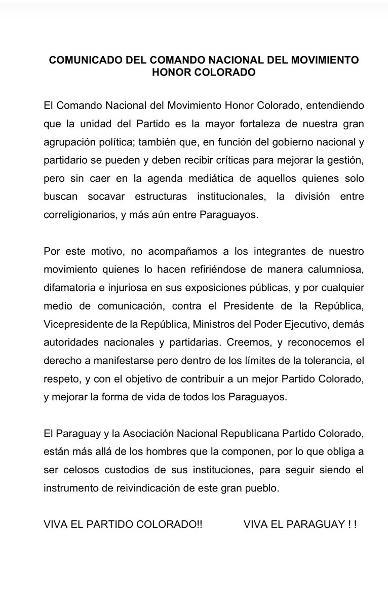 Comunicado del Comando Nacional del Movimiento <a href="/honorcolorado_/">Honor Colorado</a> , reafirmando el compromiso republicano con la <a href="/ANRParaguay/">ANR - Paraguay</a> y el <a href="/PresidenciaPy/">Presidencia Paraguay</a>
