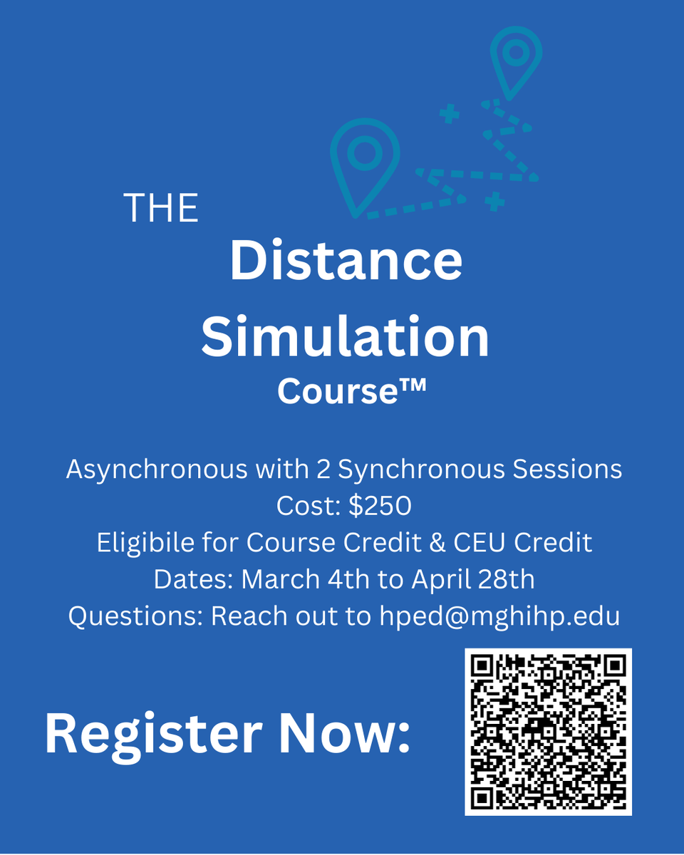 Twitter
🎓 Enhance your skills with The Distance Simulation Course™!
💻 Asynchronous + 2 live sessions
🗓️ March 4th - April 28th 
💲 $250 | Earn Course &amp; CEU Credit

Learn more &amp; register: bit.ly/4aNvpP2 

#ProfessionalGrowth #DistanceLearning
