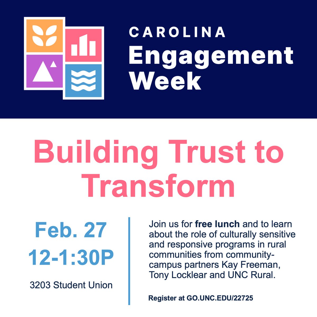 🌄🐏🌅 Good news: <a href="/UNC/">UNC-Chapel Hill</a> Engagement Week is 3 weeks away featuring 45 community-campus events!

2/26 for Thrive Rural Framework in Action with <a href="/AspenCSG/">Aspen CSG</a>: go.unc.edu/thriverural

2/27 for Building Trust to Transform with Robeson County partners + lunch: go.unc.edu/22725