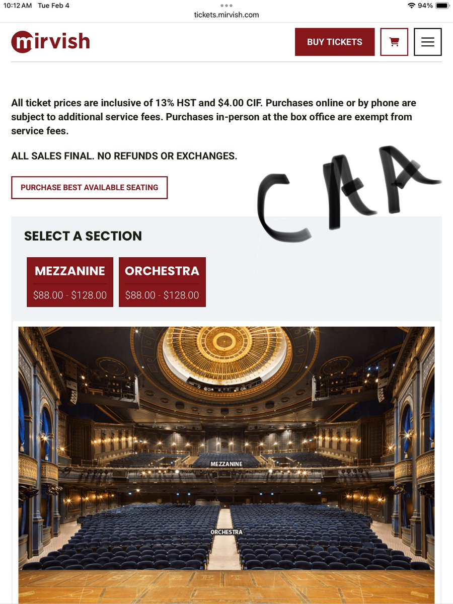 Rpw01's tweet photo. @Mirvish @CAA 

Can someone at either @Mirvish or @CAA explain why when using my CAA “discount” for Mirvish events, tickets have a higher starting price for seats than the general public? All lower priced seats are greyed out forcing CAA members to buy the higher priced tickets. https://t.co/tfdAcr6SE6
