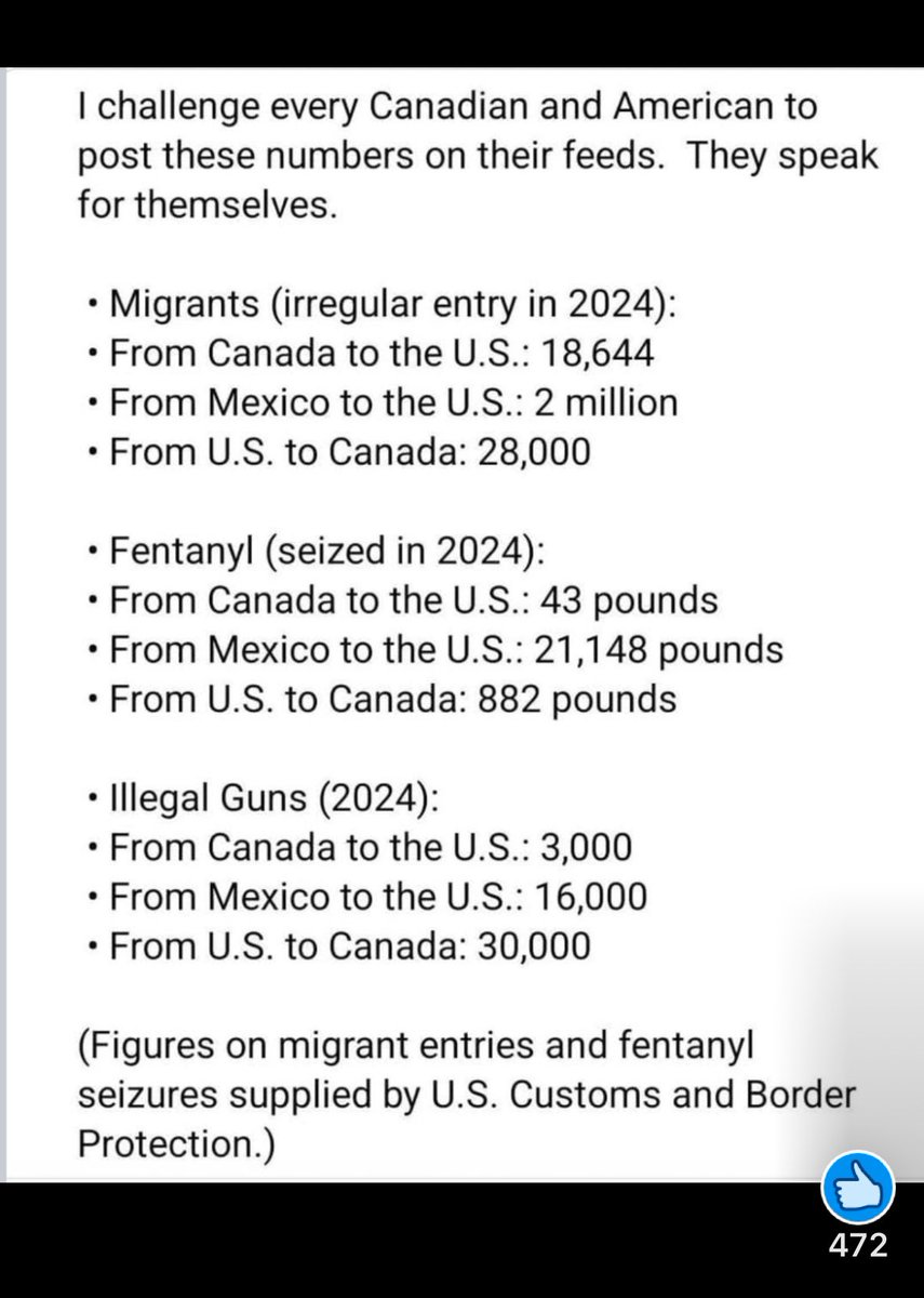Interesting statistics. Good to know the US committed to working with Canada on a joint task force to protect the border so they can stop sending irregular migrants, fentanyl, and guns.  #CanadaUSTradeWar
