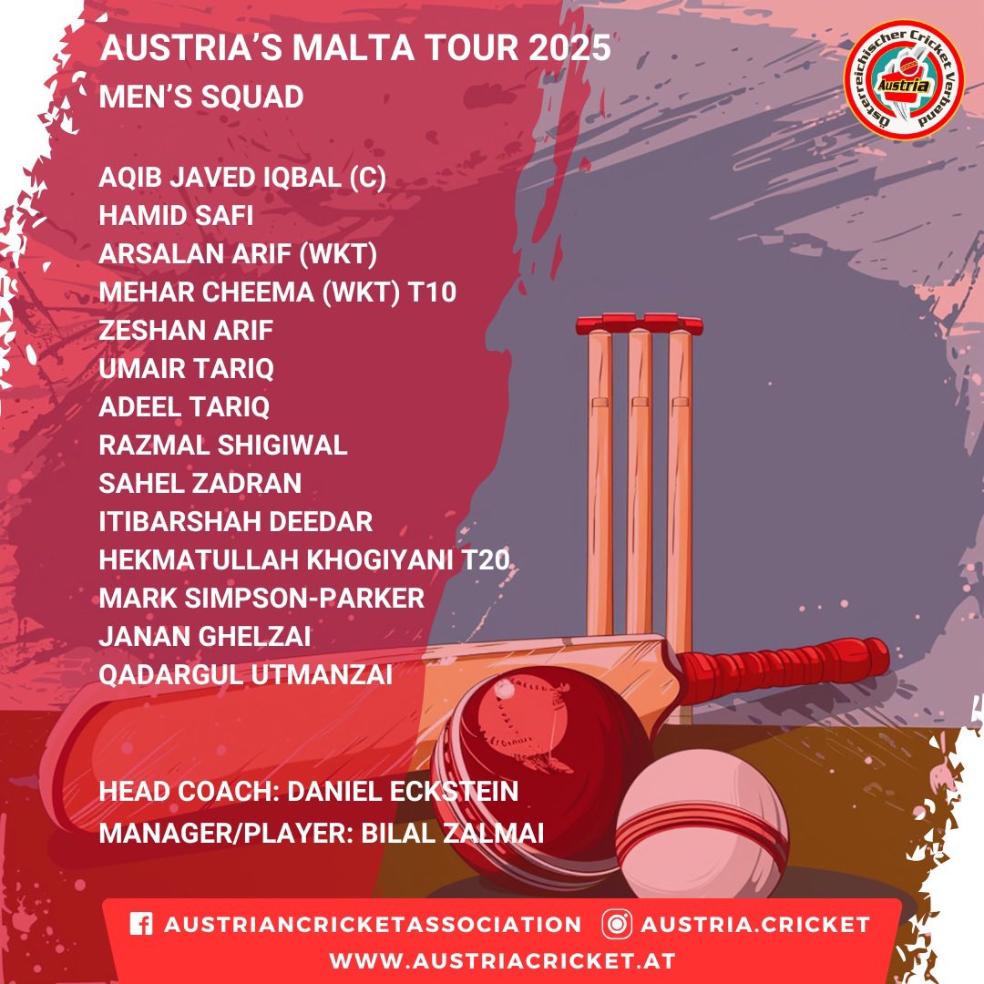 Cricket_ACA's tweet photo. Austria National Cricket Team is set for their first overseas tour of 2025, competing in a T20i Tri-Nation Tournament and a T10 Tournament in Malta. Exciting battles await against Malta and Hungary as the team aims to make its mark! https://t.co/i9X9dJcvAq