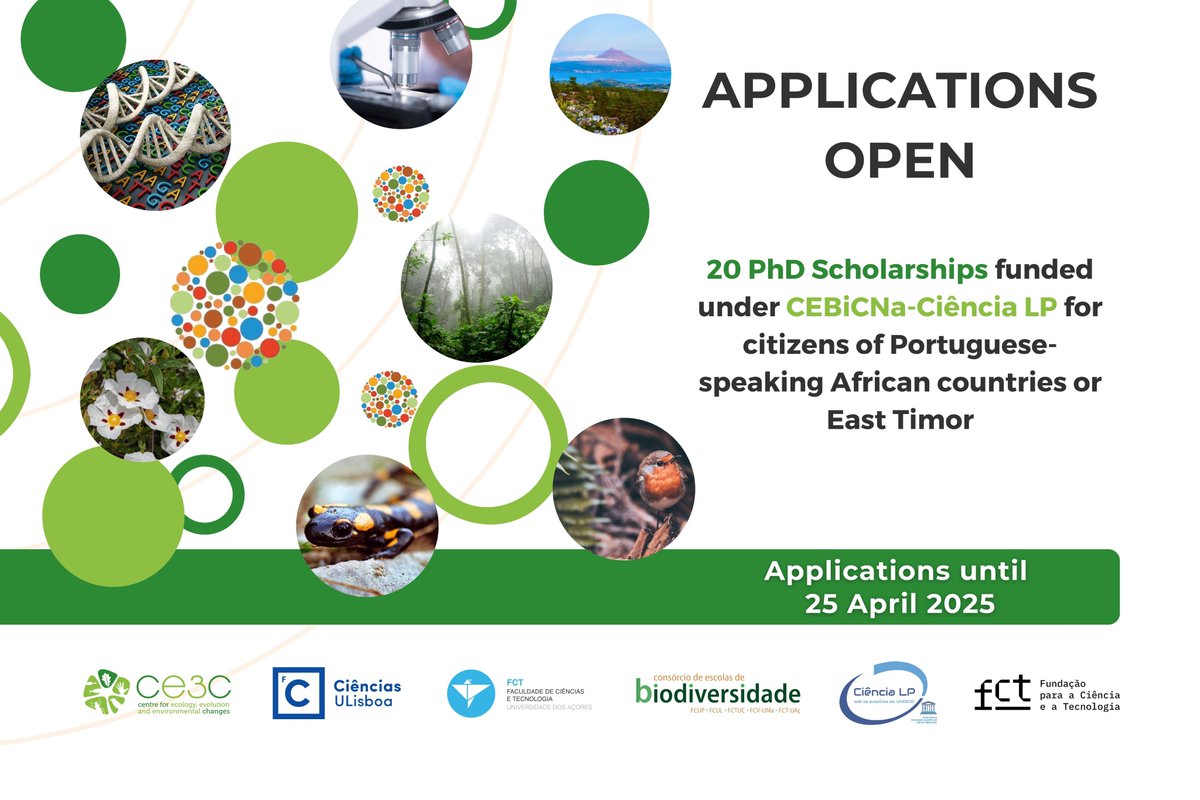 CE3C (@ce3cresearch) on Twitter photo 🚨PhD Research Grants – Apply Now!🚨
CEBiCNa is awarding 20 PhD grants in #Natural Sciences & #Biodiversity, funded by <a href="/fct_pt/">FCT - Fundação para a Ciência e a Tecnologia</a>.
📢Open to nationals of PALOP & Timor-Leste
📚 Includes CE3C PhD programmes: #BIODIV & #3CBIO
📅 Apply: 3 Feb – 25 Apr 2025
🔗bit.ly/CE3C-CEBiCNa 🚨PhD Research Grants – Apply Now!🚨
CEBiCNa is awarding 20 PhD grants in #Natural Sciences & #Biodiversity, funded by <a href="/fct_pt/">FCT - Fundação para a Ciência e a Tecnologia</a>.
📢Open to nationals of PALOP & Timor-Leste
📚 Includes CE3C PhD programmes: #BIODIV & #3CBIO
📅 Apply: 3 Feb – 25 Apr 2025
🔗bit.ly/CE3C-CEBiCNa