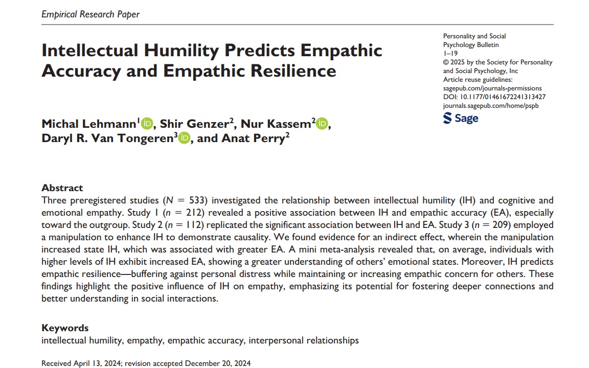 MichalLehmann1's tweet photo. Intellectual Humility allows us to better understand others’ emotions and care for them without becoming overwhelmed. This holds true for both ingroup and outgroup members, as we found in the complex relational context of Israel—among Jewish and Arab Israelis. https://t.co/mv96wIKenY