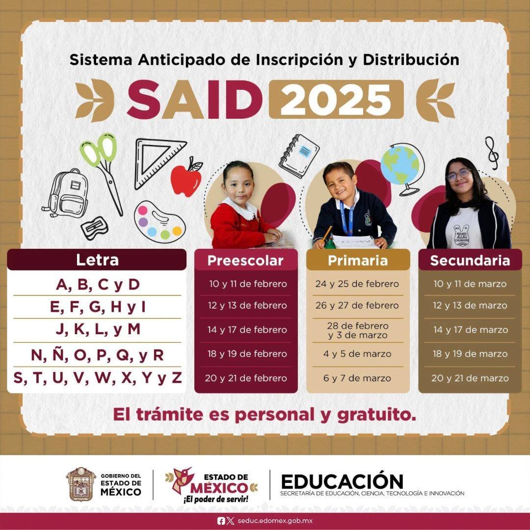 Subdirección de Formación Continua (@subdireccionc) on Twitter photo SAID2025 | Te invitamos a conocer las fechas de preinscripción para primer ingreso a #Preescolar, #Primaria y #Secundaria en escuelas públicas estales y federalizadas del #EstadoDeMéxico.
Consulta la convocatoria 📷 edomex.gob.mx
#ElPoderDeLaEducación SAID2025 | Te invitamos a conocer las fechas de preinscripción para primer ingreso a #Preescolar, #Primaria y #Secundaria en escuelas públicas estales y federalizadas del #EstadoDeMéxico.
Consulta la convocatoria 📷 edomex.gob.mx
#ElPoderDeLaEducación