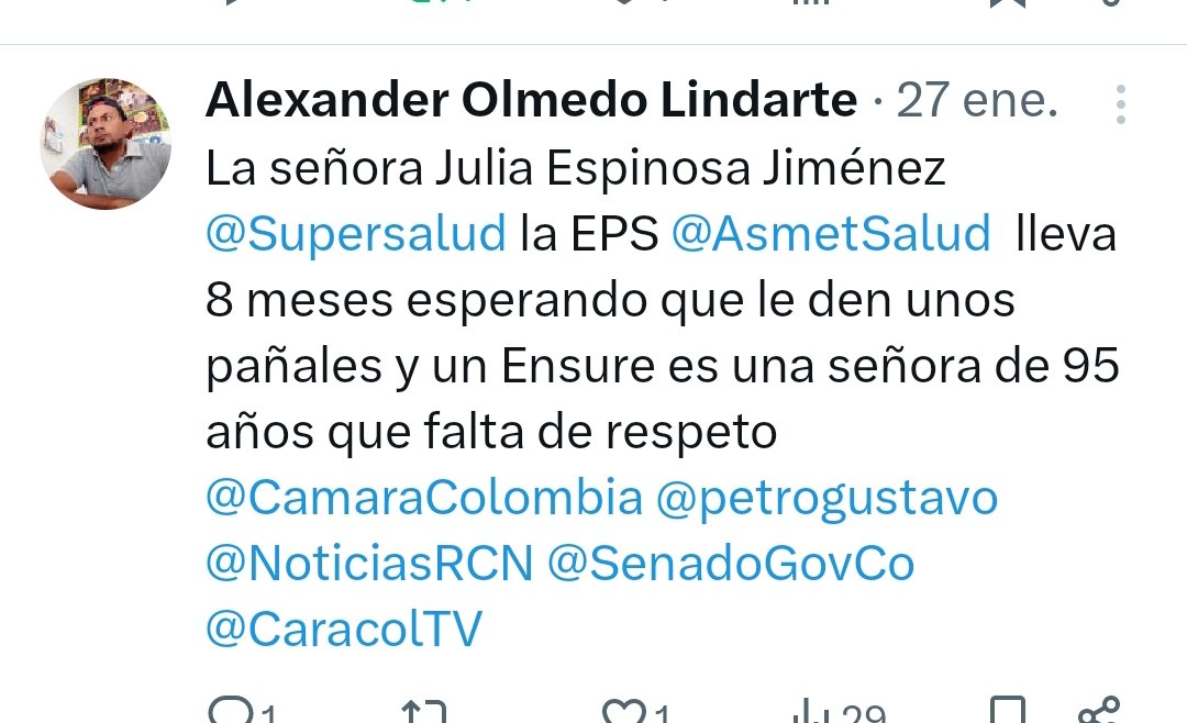 olmedinho's tweet photo. @Supersalud cómo es posible que la EPS @AsmetSalud al día de hoy no le a dado respuesta a la señora Julia Espinosa Jiménez es una señora de la tercera edad tiene 92 años y la EPS que está esperando que se muera @CamaraColombia @petrogustavo @SenadoGovCo @CaracolTV @NoticiasRCN https://t.co/TWxlgFpc1T
