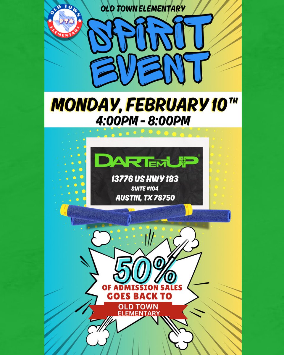 Spirit Night at Dart'em Up has been rescheduled!