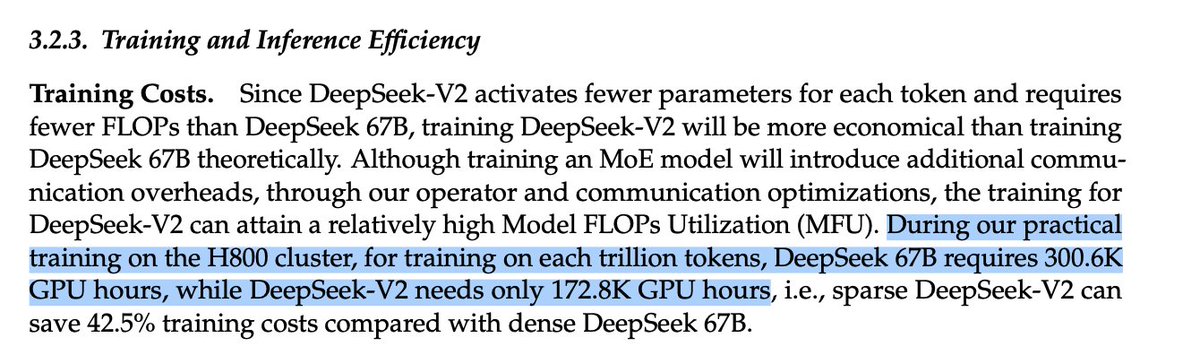 A funny thing about the deepseek-v3 training cost everyone is freaking out about is that they reported comparable training efficiency in the deepseek-v2 paper in May 2024. 

172.8K hours * 14.8T tokens = 2.557M hours vs 2.788M hours