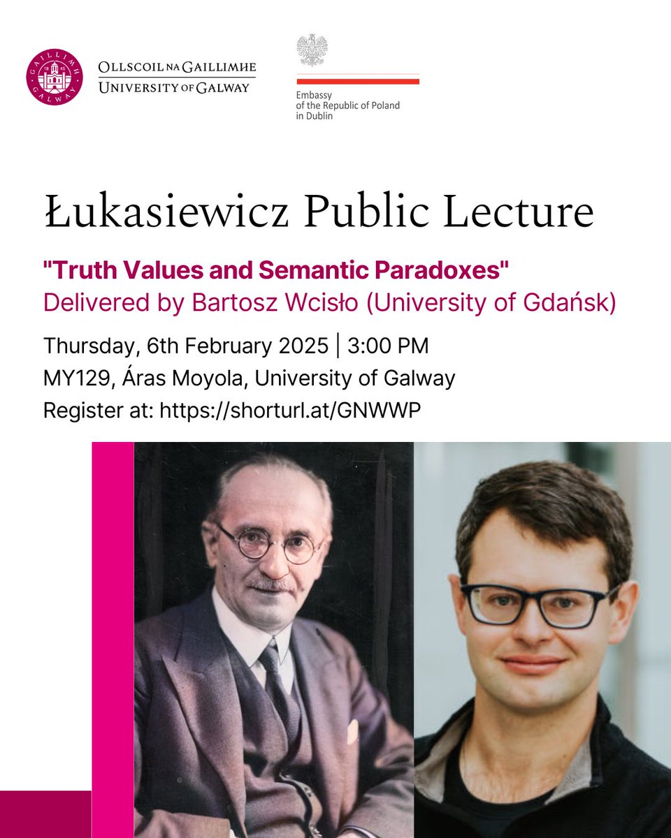 Join us for the Lukasiewicz Public Lecture on Thursday, 6 February 2025, at 15:00 in Áras Moyola, University of Galway. 

Hosted by the School of Mathematical and Statistical Sciences, this event is open to all.

Register now: shorturl.at/GNWWP 

#STEM #Mathematics