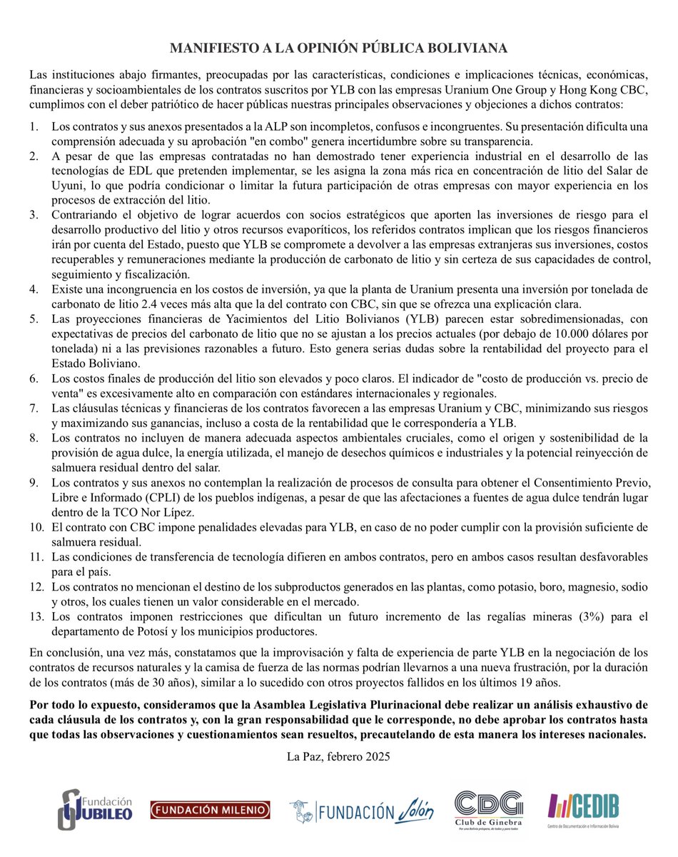 JubileoBolivia's tweet photo. 🚨 5 instituciones alertan que contratos sobre #litio son de 𝙖𝙡𝙩𝙤 𝙧𝙞𝙚𝙨𝙜𝙤 𝙥𝙖𝙧𝙖 𝙚𝙡 𝙀𝙨𝙩𝙖𝙙𝙤, con baja rentabilidad y pocos ingresos para el país, y favorables para las empresas de China y Rusia.
Piden a la Asamblea Legislativa precautelar intereses nacionales. https://t.co/kniPaXQcIw