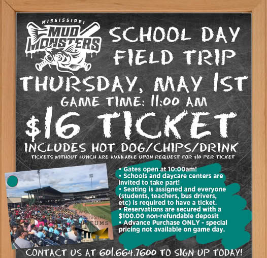 mudmonstersbsb's tweet image. 🎓⚾ Field trip, anyone? Join the Mississippi Mud Monsters for School Day on May 1st at 11:00 AM!

🎟️ $16 ticket w/ lunch 🍴
🎟️ $10 ticket option available too!
📞 Call 601-664-7600 to reserve your spot today. Don’t miss this fun-filled day at the ballpark! ⚾🐟 #FieldTripFun