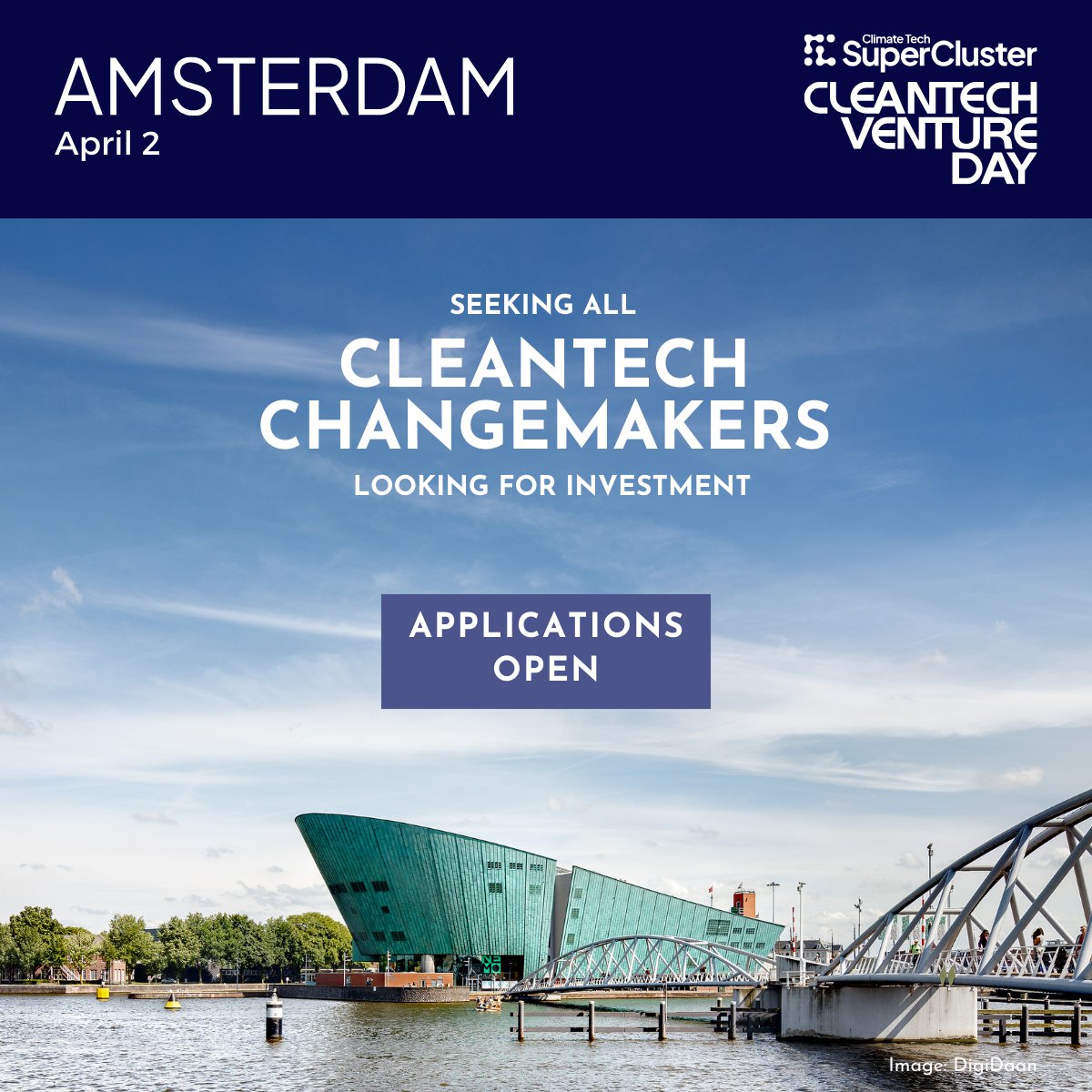 Cleantech Venture Day pitching applications for 2025 are open for cleantech innovators seeking Pre-Seed, Seed, or Series A or B funding!

The themes for CVD Amsterdam are:
⚡ Energy
🚛 Transport
🏭 Industrial Decarbonisation

🔗 Apply: climatetechinnovation.com/pitching-appli…