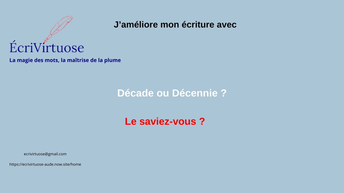 PerrinAude's tweet photo. Bonjour.

Décade ou décennie ?
 
 En recherche d’une #bêtalectrice et/ou d’une #correctrice ?

Rdv :
 https://t.co/rL4QBBwIo2
Ou par mail : ecrivirtuose@gmail.com
Au plaisir !
#languefrançaise #linguistique #vocabulaire #expression https://t.co/gwCClq7kPv