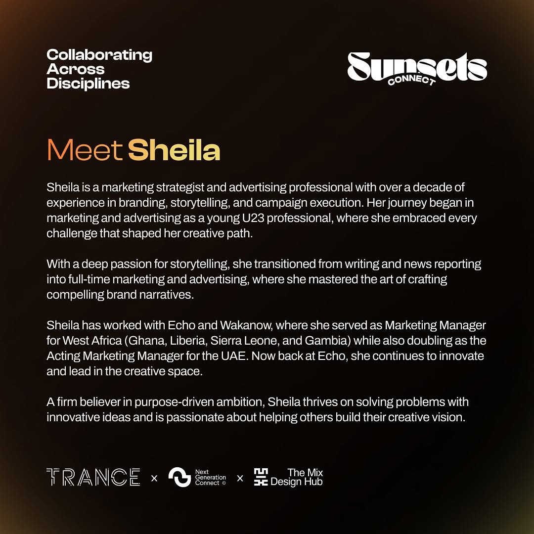 sunsets_trance's tweet photo. Presenting our next speaker - @miss_kutsienyo

Join us at Sunsets Connect on February 8th, as she discusses how to develop a creative vision 🌅

#SunsetsConnect
Powered by TRANCE x NextGenConnect https://t.co/Vnnp9p7OSK