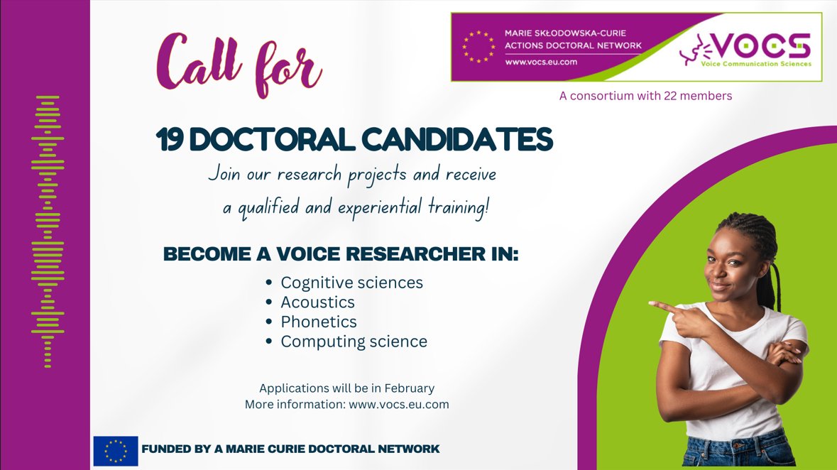 🔊 Join the VoCS Project! 19 PhD positions in voice science across 12 countries! 🌍 
📅Apply by March 15, 2025 here 👉vocs.eu.com/index.php/data…
🔗 More info: vocs.eu
#PhD #VoiceScience