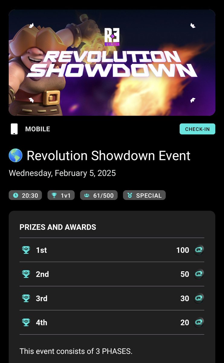Revolution Event ➡️ 3 Phases ➡️ 200€

1️⃣ In-game Tournament
2️⃣ Top 8 Head to Head
3️⃣ Top 4 Final Bracket ➡️  💰 200€

📅 Wednesday 05th February
🕣 20:30 CET | 19:30 UTC
deeplink.qlash.gg/RVRtfzJvqCVPvx…