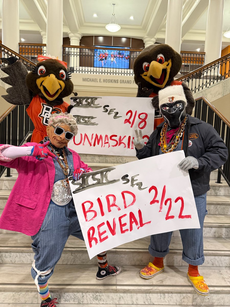 Our besties are getting revealed soon 👀🤩 

Find out who Granny, Black Panther and the Birds are at their upcoming reveals ⬇️ 

🏒 <a href="/SICSICBGSU/">SICSIC</a> Unmasking | Feb. 8 | 7:07 p.m. | Slater Family Ice Arena
🏀  <a href="/BGSUBirds/">Freddie and Frieda Falcon</a> Reveal | Feb. 22 | 7 p.m. | The Stroh 

See you there! #AlwaysBG