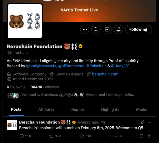 applezTraders's tweet photo. @berachain is Set to Launch Mainnet on February 6! 🚀

The long-awaited launch of Berachain's mainnet is just around the corner! Scheduled for February 6, this marks a major milestone for the innovative blockchain that has captivated the crypto community with its unique Proof-of-Liquidity (PoL) consensus model.

With a strong ecosystem of projects already building on Berachain, this launch is expected to unlock new DeFi opportunities, bringing more efficiency, security, and scalability to the space. Given the hype and the solid backing from key investors, Berachain could be one of the most anticipated blockchain launches of 2024.

🐻🔥 The Bera community is buzzing, and expectations are high! This is definitely a project to watch closely in the coming weeks. 🚀

We follow the activity in the smartest and most innovative #Yaps  platform from @_kaitoai, a BOOST is expected 💪

$BERA