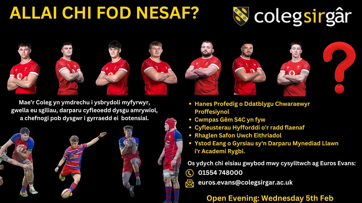 Ymunwch â ni yn ein Noson Agored Rygbi i ddysgu mwy! 🏉
📅 Dydd Mercher, Chwefror 5ed
⏰ 17:30
📍 Campws y Graig, Llanelli
Dilynwch y ddolen i gadw’ch lle 👉
forms.gle/cL5gVStWkGnZcV…