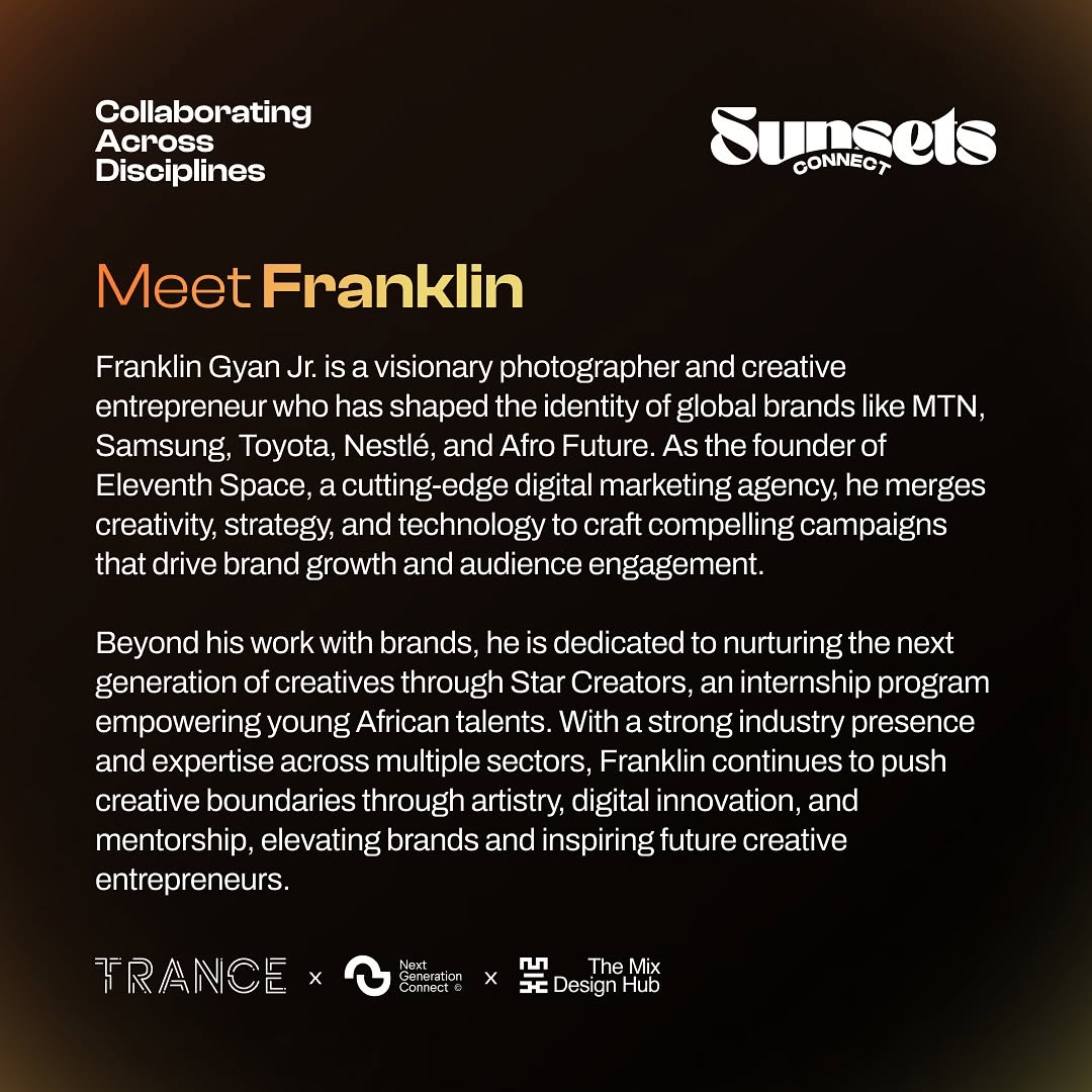 sunsets_trance's tweet photo. Presenting our final speaker - @franklingyanjr

Join us at Sunsets Connect on February 8th, as he shares his stories with helping brands shape their identities! 🌅

#SunsetsConnect
Powered by TRANCE x NextGenConnect https://t.co/9ysSWOQaDG