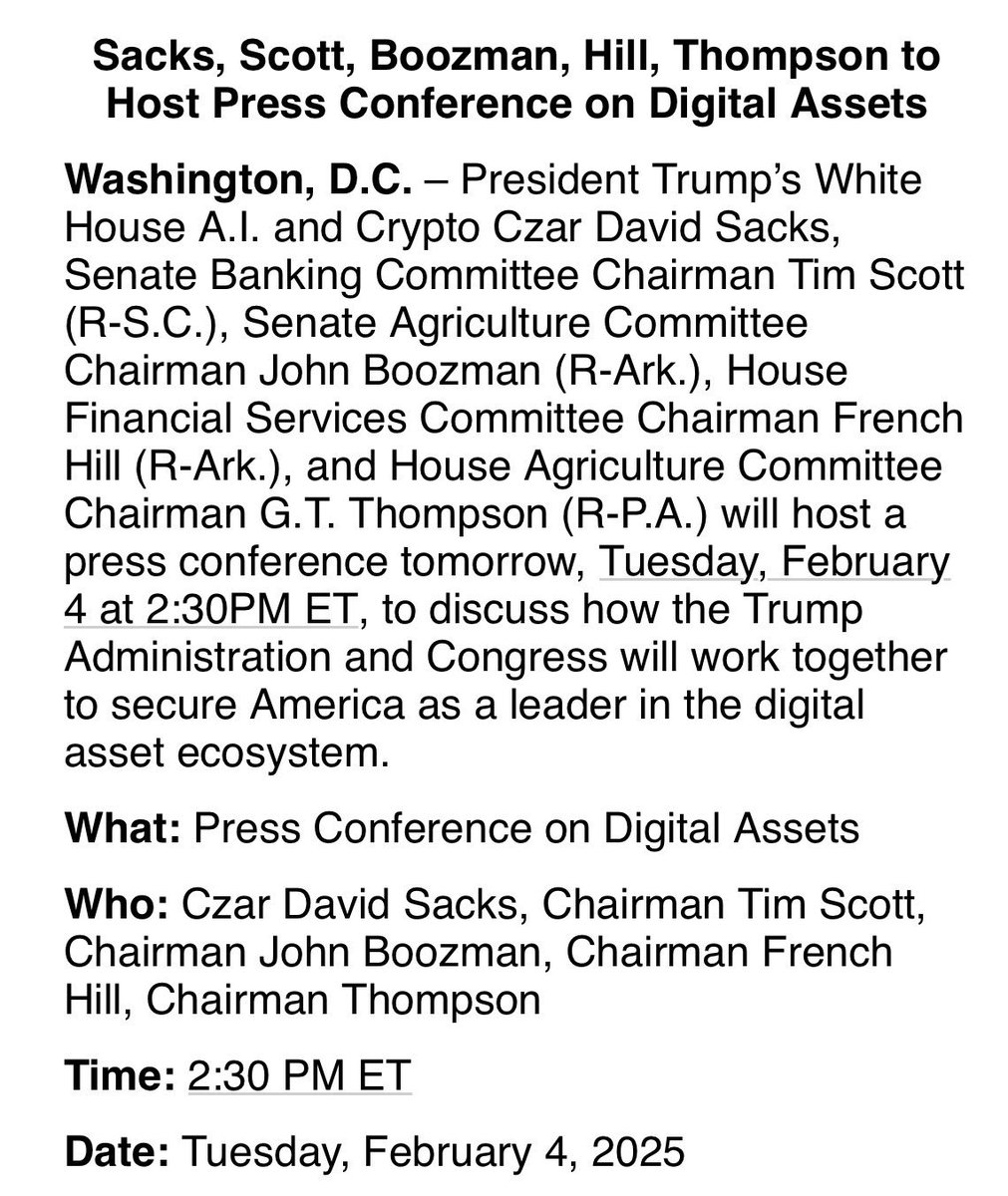 _Crypto_Barbie's tweet photo. 🚨 BREAKING:

PRESIDENT TRUMP‘S CRYPTO CZAR, DAVID SACKS, TO HOLD PRESS CONFERENCE LATER TODAY FEBRUARY 4, 2:30 PM ET! 🇺🇸 

THERE COULD BE AN IMPORTANT ANNOUNCEMENT REGARDING #XRP 👀 https://t.co/YIe7TezUta