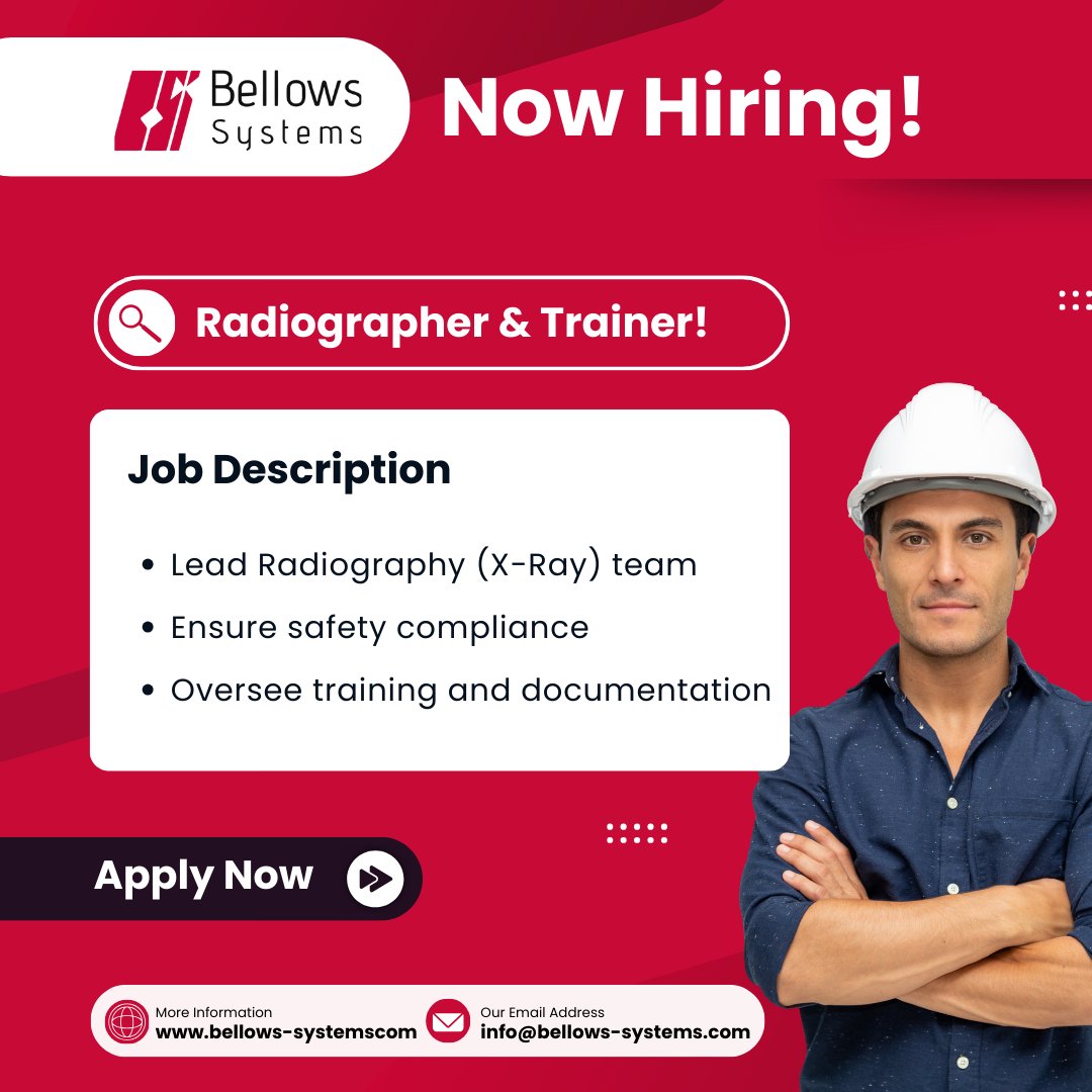 🚨 Join Bellows Systems as a Radiographer (Lvl 2) &amp; Trainer! Lead X-Ray DR testing &amp; support QC/product dev teams.

📍 On-site | Houston, TX
💼 Benefits: Medical + PTO
🔗 Apply: zurl.co/VIAxN

#RadiographerJobs #HoustonJobs #NowHiring #BellowsSystems