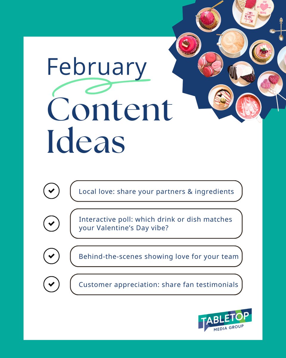 We're sharing the love with some creative #contentideas for February! 💙

Ready to up your social media game? Our team of experts is here to help! Contact us to learn more about our services. 

#tabletopmediagroup #digitalmarketingagency #socialmediamanagement