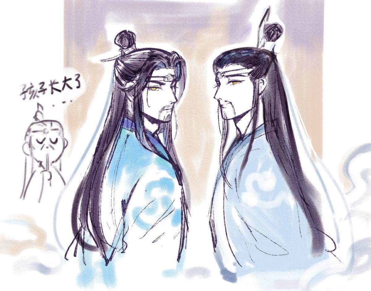 [workdoodle]

...was trying to figure out how to properly draw their dad and somehow be-bearded them... 
it actually...doesn't look too bad??? LOL though it does fit with my HC that LXC looks a lot more like LQR while LWJ actually takes after QHJ more closely