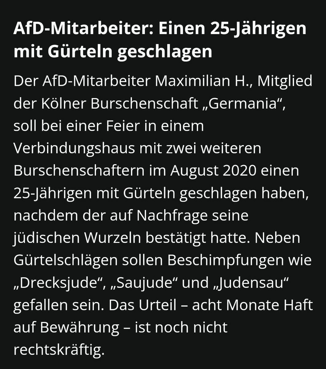 AfD Mitarbeiter schlägt und 

beleidigt 25 Jährigen l. 

Er ist Mitglied in der Burschenschaft "Germania" 

<a href="/Gegen_die_AfD/">Gegen die AfD</a>
<a href="/KreuzAcht/">Kreuz Acht</a>

presseportal.de/pm/66749/57939…