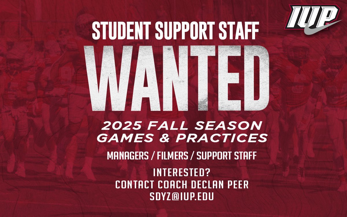 IUP Football (@iupfootball) on Twitter photo The IUP football program is looking for IUP students interested in assisting the coaching staff as team managers, video personnel and support staff.
Those interested should contact assistant coach Declan Peer via email at sdyz@iup.edu.
#ALLIN The IUP football program is looking for IUP students interested in assisting the coaching staff as team managers, video personnel and support staff.
Those interested should contact assistant coach Declan Peer via email at sdyz@iup.edu.
#ALLIN