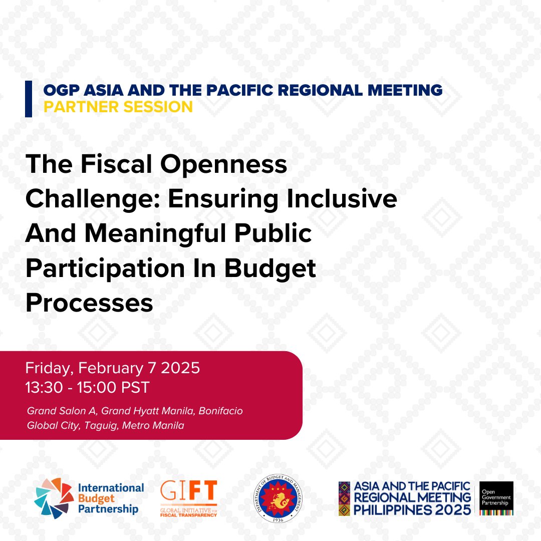 [Join IBP at #OGPAsiaPacific]
Attending <a href="/opengovpart/">Open Gov Partnership</a>'s Regional Meeting in Manila? Join our session with <a href="/FiscalTrans/">GIFT - Global Initiative for Fiscal Transparency</a> and <a href="/DBMgovph/">DBM Philippines</a> on exploring how to make budget processes more inclusive through public participation.
Learn how governments can transform traditional budgeting