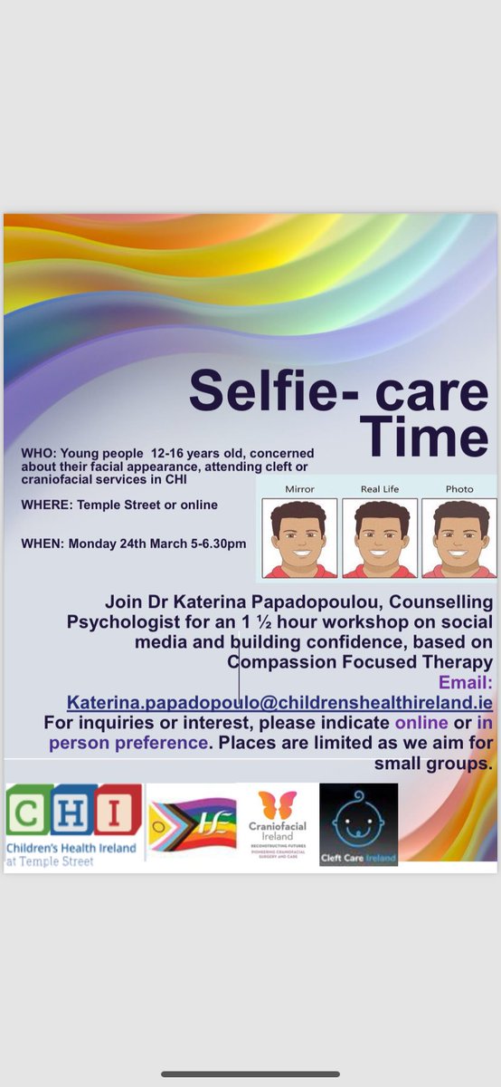 🚨 Upcoming teen workshop organised by our wonderful cleft and craniofacial team psychologist Dr. Katerina Papadopoulou- see below for details  <a href="/clapaireland/">CLAPAI  (Cleft Irl)</a> <a href="/22Q11_Ireland/">22Q11 Ireland</a>