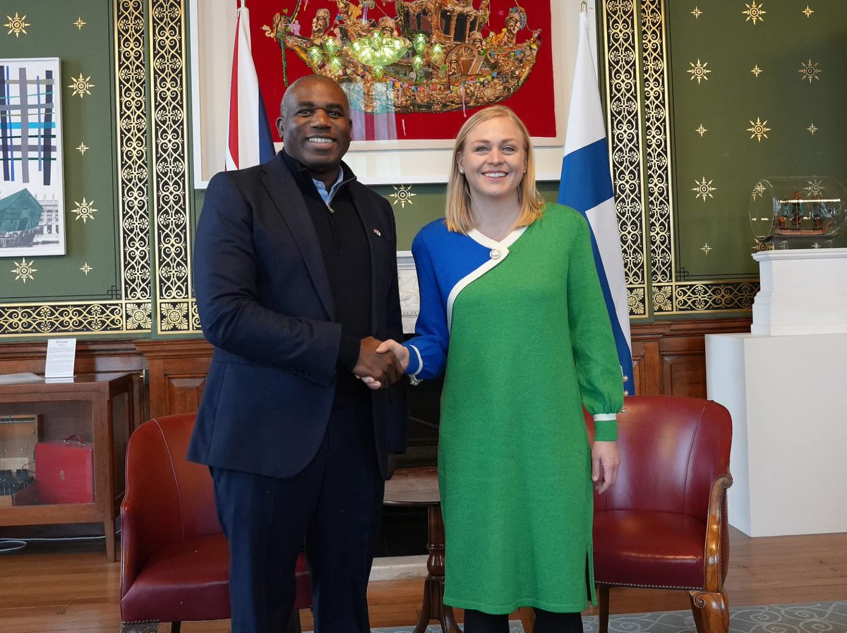 Great to welcome <a href="/elinavaltonen/">Elina Valtonen</a> to London today to drive forward UK-Finland security cooperation.

As NATO and JEF allies, we're working together to protect critical infrastructure, bolster Europe’s defence capabilities and cripple Russia’s illicit shadow fleet.