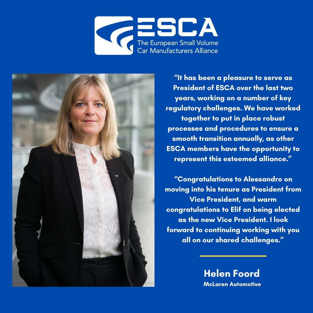 escalliance's tweet photo. Many thanks from everyone at the European Small Volume Car Manufacturers Alliance (ESCA) to our outgoing President, @HelenFoord1. 

#ESCA #EuropeanCars #Automotive #Leadership #Alliance https://t.co/QEbfF8ccxN