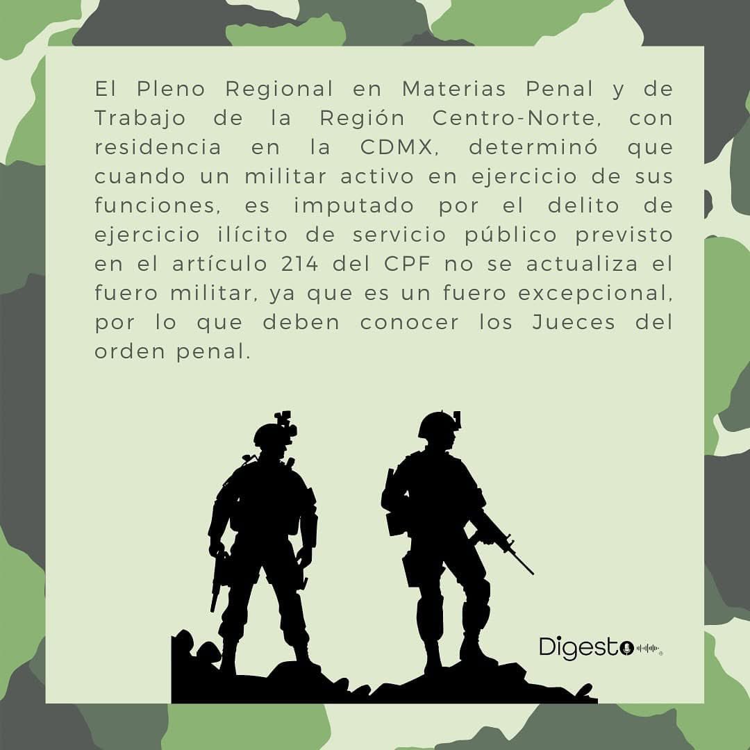 Hoy en #martesdetesis 

El Pleno Regional en Materias Penal y de Trabajo de la Región Centro-Norte, determinó en que caso en materia penal no aplica el fuero miliar.

#digesto #derecho #jurisprudencia #derechopenal #derechomilitar #fuero #fueromilitar #tribunal