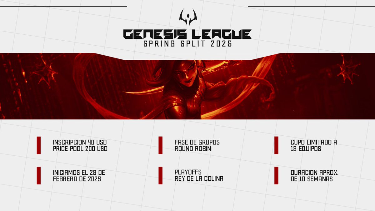🔥 ¡La Genesis League - Spring Split 2025 está aquí! 🔥

¿Listos para la acción? 🎮

Aquí les presentamos datos importantes de como se desarrollará la competencia:

#GenesisLeague

#SpringSplit2025

#eSports

#LeagueOfLegends

#CompetenciaGamer

#GrietaDelInvocador