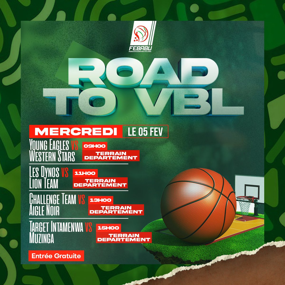La Seconde journée de la ROAD TO VBL 2025 avec des  affiches à ne pas manquer.

Venez nombreux soutenir nos jeunes talents,candidats à la VBL Saison 2025.

#Febabu
#Fibaafrica
#Road to VBL