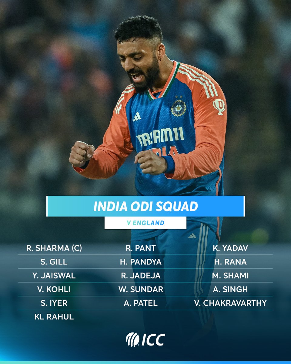 ICC's tweet photo. Varun Chakravarthy poised to make ODI debut against England as India update squad for the three-match series 👀

#INDvsENG 📝:  https://t.co/QitNAztoMg https://t.co/dKLcmp7THC