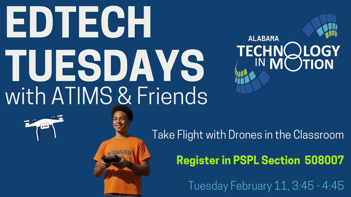 Pernell Allen (@uab_atim) on Twitter photo Join <a href="/RMayben9/">Robert Mayben</a> for Take Flight with Drones in the Classroom at our Next EdTech Tuesday, 2/11/25, from 3:45 - 4:45 PM! 🛸 Explore how drones can elevate learning. Register now in PSPL Section # 508007 <a href="/AlabamaAchieves/">Alabama State Department of Education</a> <a href="/ALSDEEdTech/">ALSDE Educational Technology</a> <a href="/CS4Alabama/">CS4Alabama</a> <a href="/ATIMPD02/">ATIMPD!</a> #EdTech #STEM Join <a href="/RMayben9/">Robert Mayben</a> for Take Flight with Drones in the Classroom at our Next EdTech Tuesday, 2/11/25, from 3:45 - 4:45 PM! 🛸 Explore how drones can elevate learning. Register now in PSPL Section # 508007 <a href="/AlabamaAchieves/">Alabama State Department of Education</a> <a href="/ALSDEEdTech/">ALSDE Educational Technology</a> <a href="/CS4Alabama/">CS4Alabama</a> <a href="/ATIMPD02/">ATIMPD!</a> #EdTech #STEM