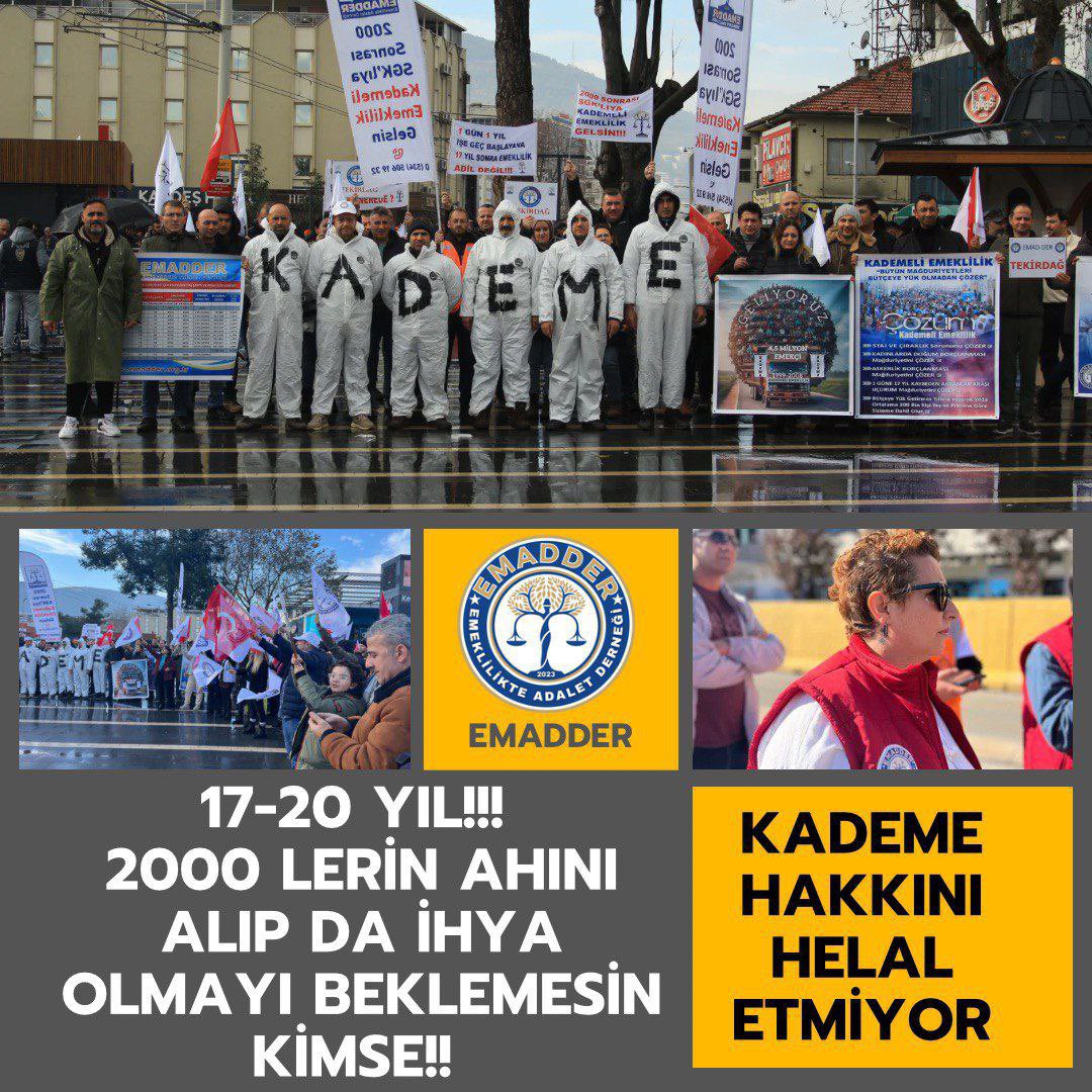 1 günle 17 yıl Adaletsizliğine uğramış emekçiler olarak 
KADEMELİ EMEKLİLİK düzenlemesi talep ediyoruz

<a href="/eczozgurozel/">Özgür Özel</a>
<a href="/alimahir/">Ali Mahir Başarır</a> 
<a href="/muratemirchp/">Murat Emir</a> 
<a href="/gunaydingokhan/">Gökhan Günaydın</a> 
<a href="/eczburhan/">Burhanettin Bulut</a>
<a href="/herkesicinCHP/">CHP 🇹🇷</a>
<a href="/gamzetascier/">Gamze ŞENGEL TAŞCIER</a>

#KademeSeçimiBekliyor