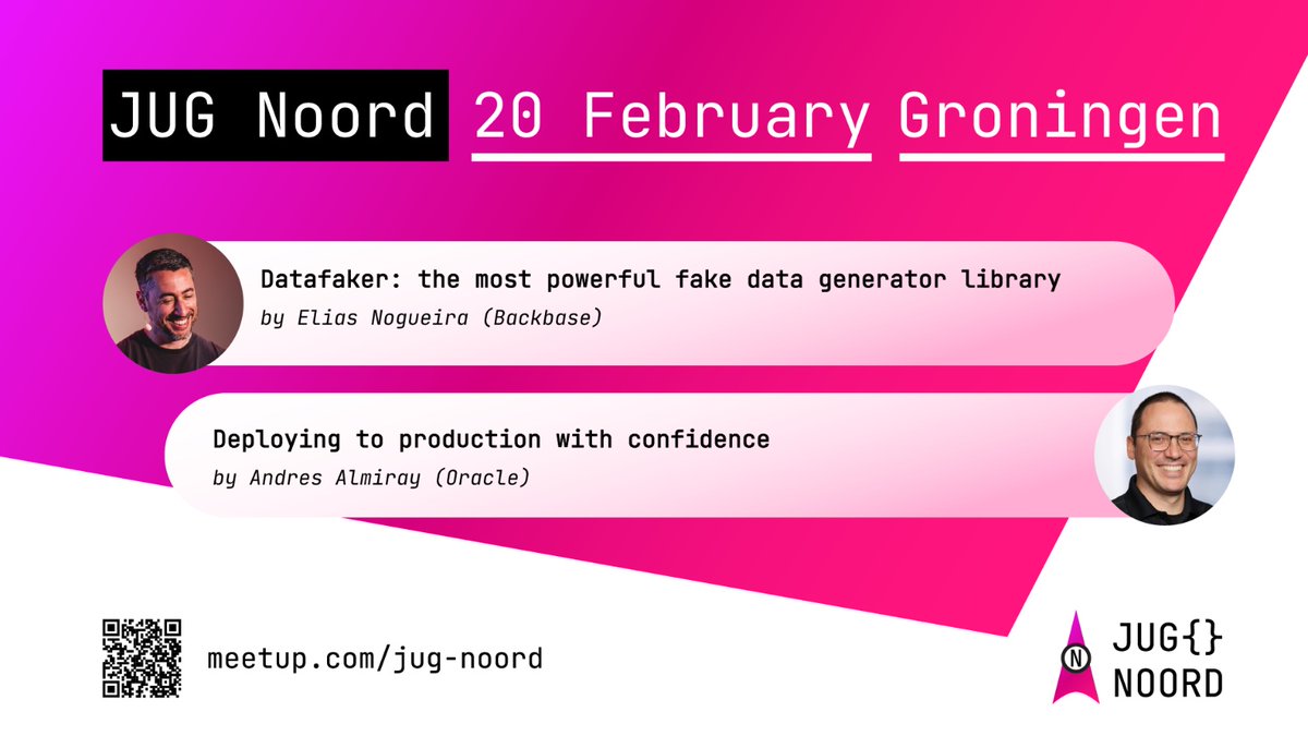 JUGNoord (@jugnoord) on Twitter photo Thursday February 20th, we'll host our next meetup at DUO in Groningen with <a href="/eliasnogueira/">Elias Nogueira ๐ง๐ท๐ณ๐ฑ</a> sharing his insights on the most powerful fake data generator library and <a href="/aalmiray/">Andres Almiray</a> sharing how to deploy to production with confidence ๐คฉ
Sign up at meetup.com/jug-noord/evenโฆ Thursday February 20th, we'll host our next meetup at DUO in Groningen with <a href="/eliasnogueira/">Elias Nogueira ๐ง๐ท๐ณ๐ฑ</a> sharing his insights on the most powerful fake data generator library and <a href="/aalmiray/">Andres Almiray</a> sharing how to deploy to production with confidence ๐คฉ
Sign up at meetup.com/jug-noord/evenโฆ