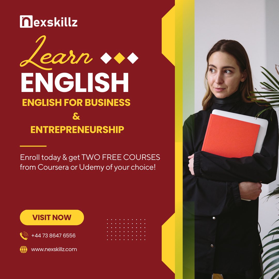 nexskillz's tweet photo. Take your communication skills to the next level with our expert-led English for Business and Entrepreneurship course!
Enroll today at https://t.co/0fG0TPJVcE &amp; get TWO FREE COURSES from Coursera or Udemy—your choice!
#OnlineCourses #nexskillz #Coursera #udemy #English https://t.co/ETMxDEnWPZ