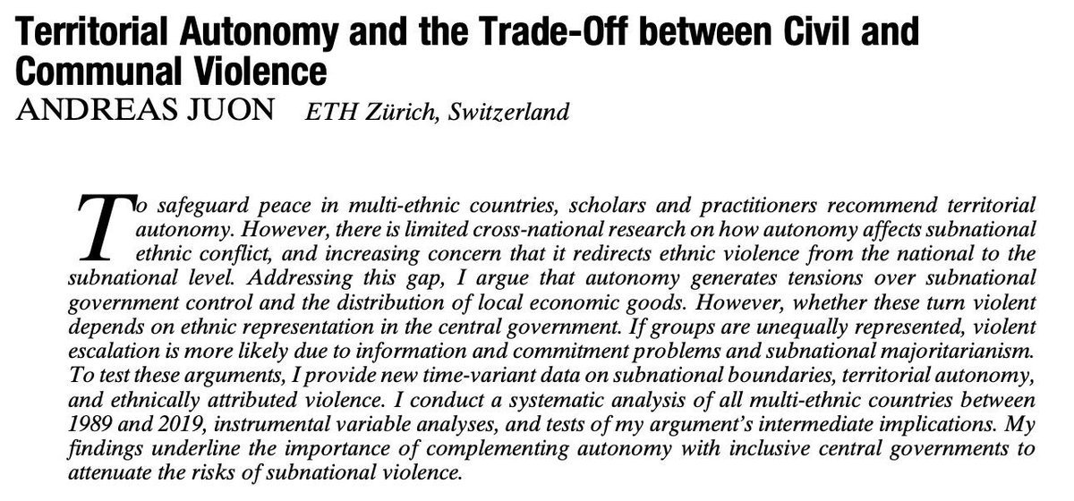 American Political Science Review (@apsrjournal) on Twitter photo From our new issue: "Territorial Autonomy and the Trade-Off between Civil and Communal Violence" by Andreas Juon (<a href="/andijot/">andijot.bsky.social</a>). #ASPRNewIssue cambridge.org/core/journals/… From our new issue: "Territorial Autonomy and the Trade-Off between Civil and Communal Violence" by Andreas Juon (<a href="/andijot/">andijot.bsky.social</a>). #ASPRNewIssue cambridge.org/core/journals/…