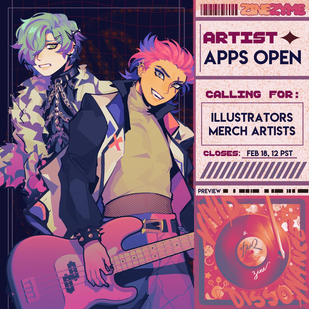 [ APPS OPEN 🎨 ]

Illustrator + Merch Artist applications for VIVID DISSONANCE: A CRSM Music Zine are now open! 

- Please read all information before signing up!
- Close Date: FEB 18

[ INFO + LINK BELOW ]